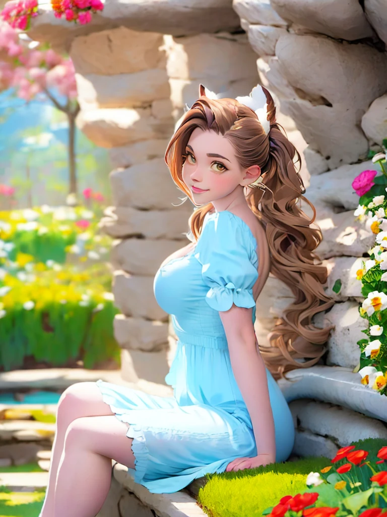 fox, (monster girl), long brown ears with darker brown inside, brown fur, tan neck fluff, brown fluffy tail with a tan tip, large brown eyes, wearing modest clothing, sitting in a flower garden, masterpiece, best quality