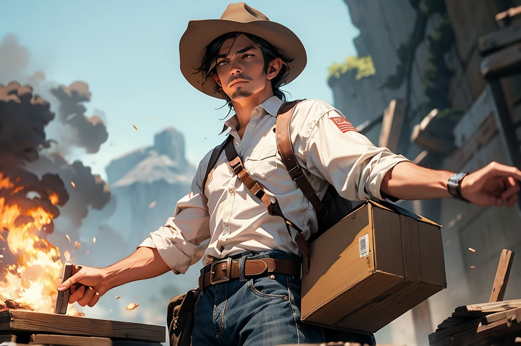 cowboy siting on box of dynamite