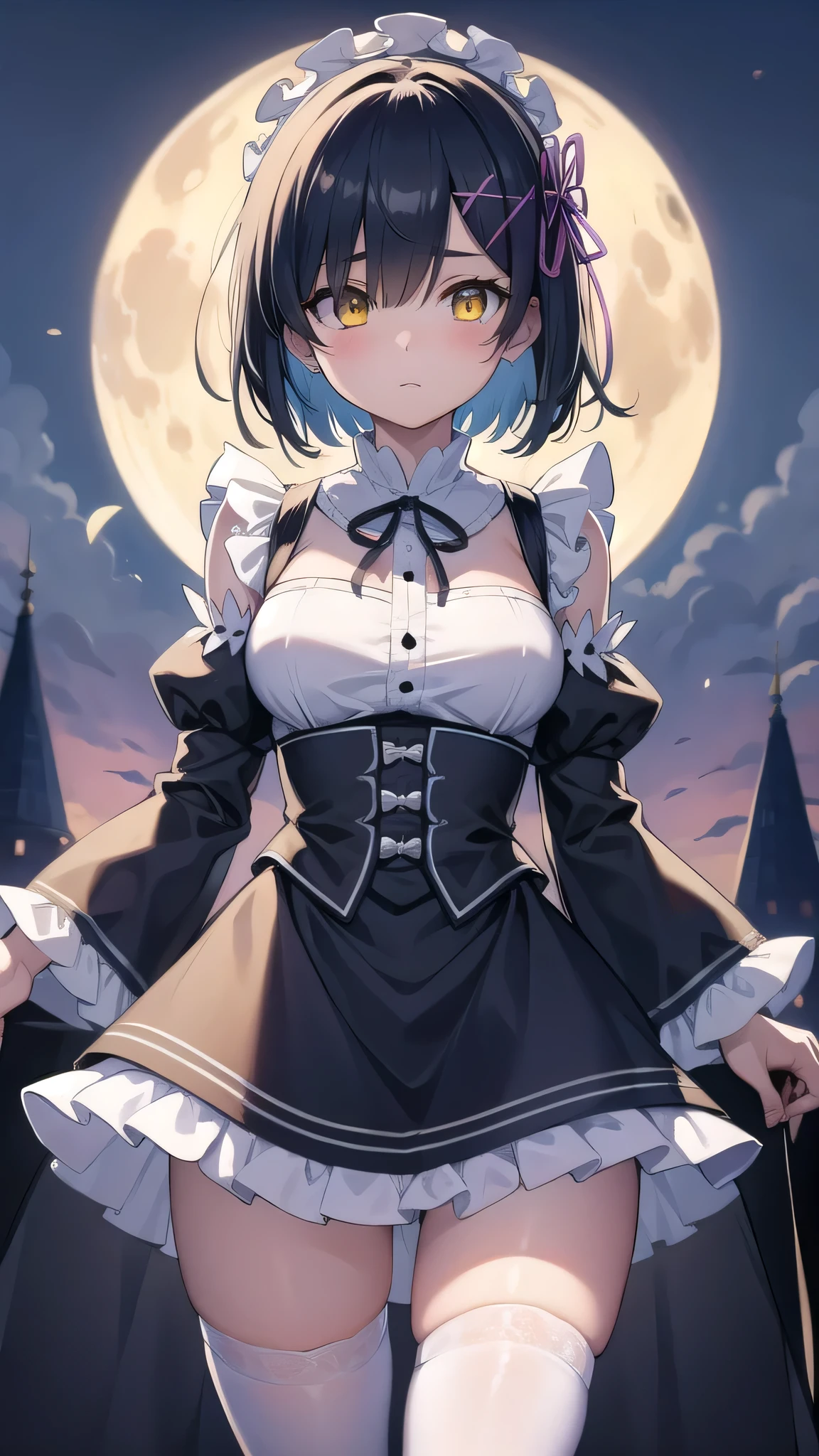 BREAK looking at viewer,BREAK (masterpiece:1.2), best quality, high resolution, unity 8k wallpaper, (illustration:0.8), (beautiful detailed eyes:1.6), extremely detailed face, perfect lighting, extremely detailed CG, (perfect hands, perfect anatomy),yoruichi shihouin, long hair, (yellow eyes:1.5),castle,tower,night,wet road,moon,starfall,mist,rem, blue eyes, blue hair, hair ornament, hair over one eye, hair ribbon, short hair, x hair ornament
apron, black ribbon, black skirt, black sleeves, detached collar, detached sleeves, flower, frilled apron, frilled skirt, frills, head wreath, long sleeves, maid, miniskirt, neck ribbon, purple ribbon, ribbon, ribbon trim, ribbon-trimmed sleeves, roswaal mansion maid uniform, short hair, skirt, thighhighs, waist apron, white apron, white thighhighs,