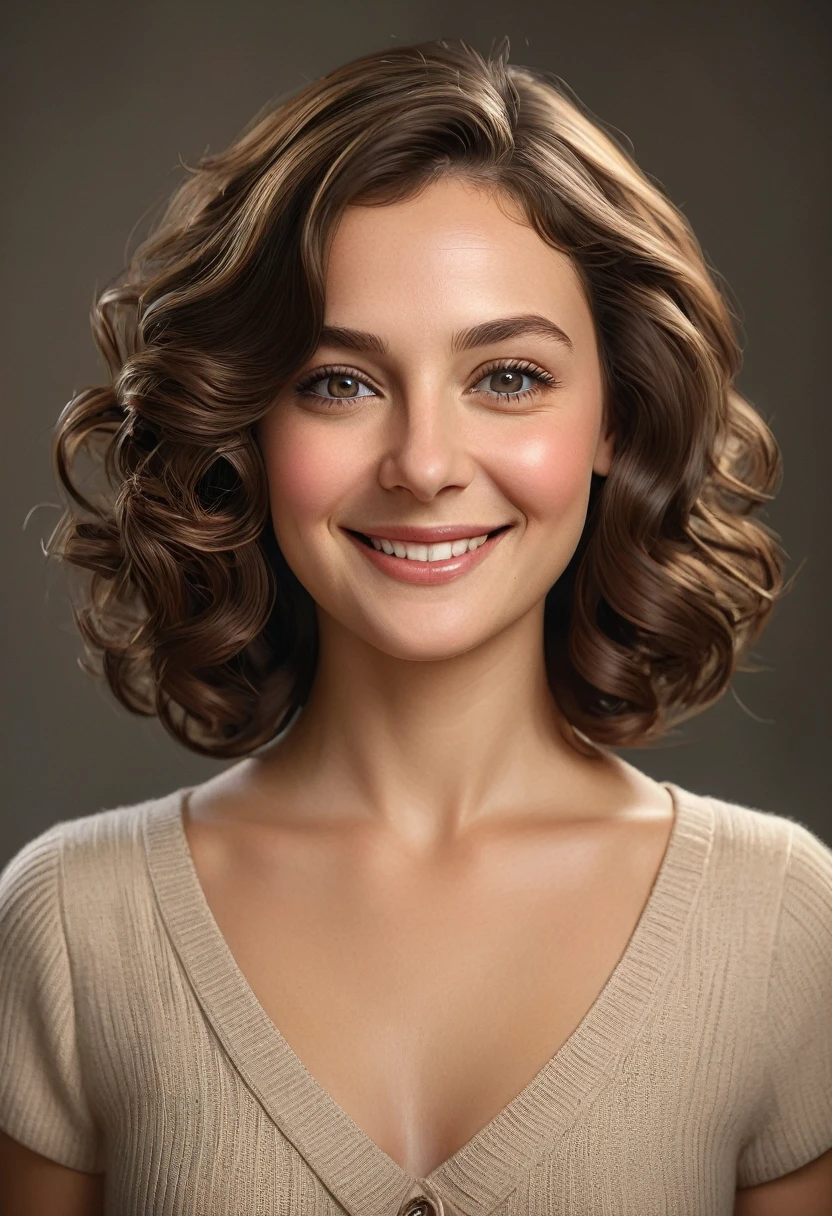 Photorealistic, woman aged in forties, girl-next-door, approachable, innocent, shoulder length curled brunette hair, triangular shaped symmetrical face, natural look, sardonic grin, detailed eyes, professional lighting, realistic style, HD, warm tones, SFW