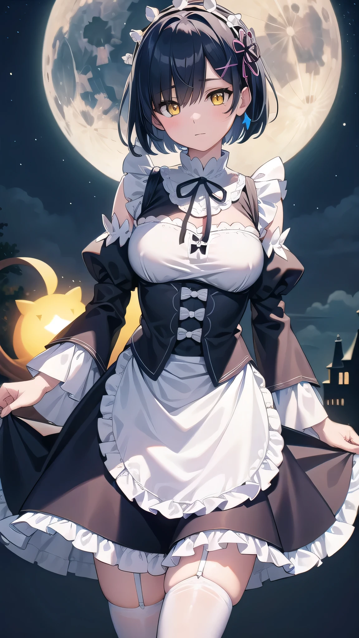 BREAK looking at viewer,BREAK (masterpiece:1.2), best quality, high resolution, unity 8k wallpaper, (illustration:0.8), (beautiful detailed eyes:1.6), extremely detailed face, perfect lighting, extremely detailed CG, (perfect hands, perfect anatomy),yoruichi shihouin, long hair, (yellow eyes:1.5),castle,tower,night,wet road,moon,starfall,mist,rem, blue eyes, blue hair, hair ornament, hair over one eye, hair ribbon, short hair, x hair ornament
apron, black ribbon, black skirt, black sleeves, detached collar, detached sleeves, flower, frilled apron, frilled skirt, frills, head wreath, long sleeves, maid, miniskirt, neck ribbon, purple ribbon, ribbon, ribbon trim, ribbon-trimmed sleeves, roswaal mansion maid uniform, short hair, skirt, thighhighs, waist apron, white apron, white thighhighs,