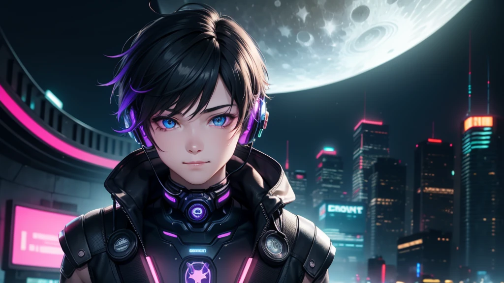 1boy, (extremely beautiful), solo, male focus, cyberpunk, neon lights, vibrant colors, headphones, Cyberpunk, neon, masterpiece, best quality, ultra-detailed, cyberpunk background, detail, in the starry night, moon, explosive and clear eyes, glowing eyes, beautiful details in the wind, little smile.