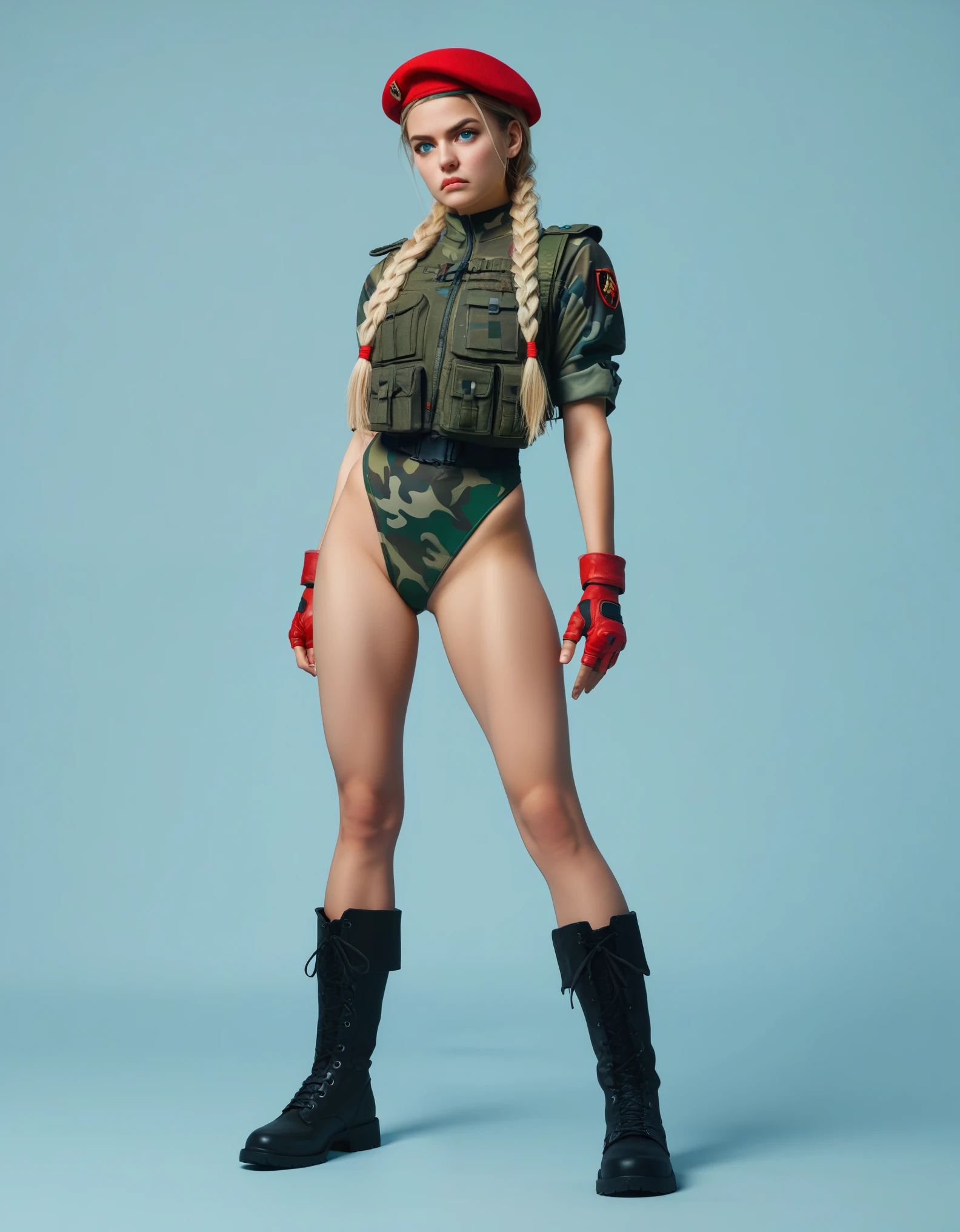 Stylized, full-body illustration of a female cally character in a dynamic pose. She has light skin and long blonde hair styled in two braids. She is wearing a red beret, red fingerless gloves, a green leotard with camouflage patterns, and black combat boots. Her facial expression is determined, with blue eyes and a slight frown. The background is plain white, making the character the focal point of the image.anime, anatomicamente correto, super detalhado, alta qualidade, 4K, anatomicamente correto, altos detalhes, superdetalhado, 4K