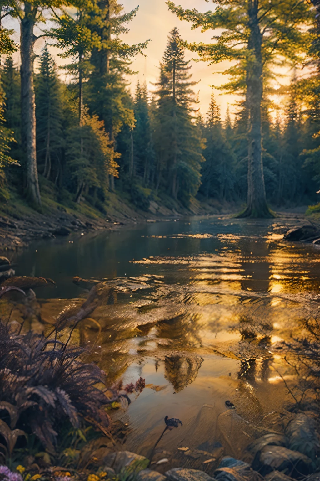 Evening landscape in the forest, on the shore of the lake.