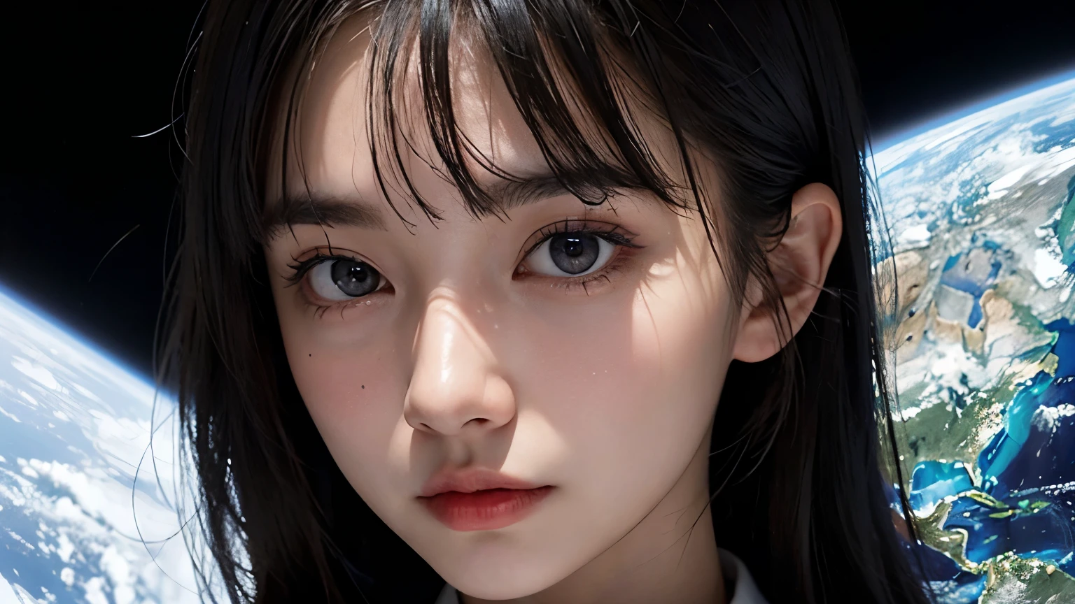 Upper body close-up image. A beautiful woman. Twenty years old. Black hair. Her bangs are down. She is wearing a researcher's lab coat. She is looking at the camera with serious eyes. Image of outer space and earth in space behind woman.
