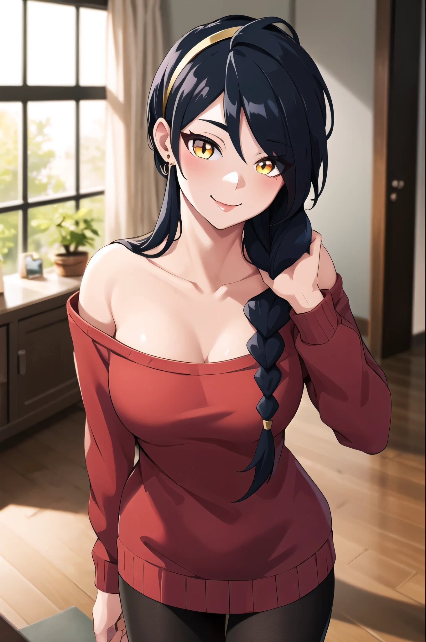 (masterpiece), (best quality), (beautiful eyes and face), (perfect female body), (shiny skin),
looking at viewer, cowboy shot,
1girl, solo, long braids, black spiked hair, long  messy hair, glowing yellow eyes, cat woman,
Cute breasts,
white hairband, gold earrings, jewelry, sweater dress, red sweater, off shoulder, long sleeves, black pantyhose,
smile,
standing,
living room,