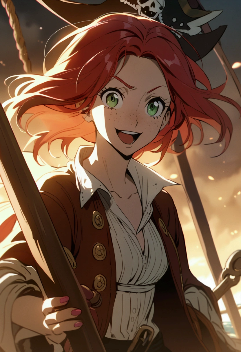 character, anime girl, white with freckles on her face. green eyes. redhead. pirate. Junto a Jack Sparrow. whole body. Black eye makeup. funny face.