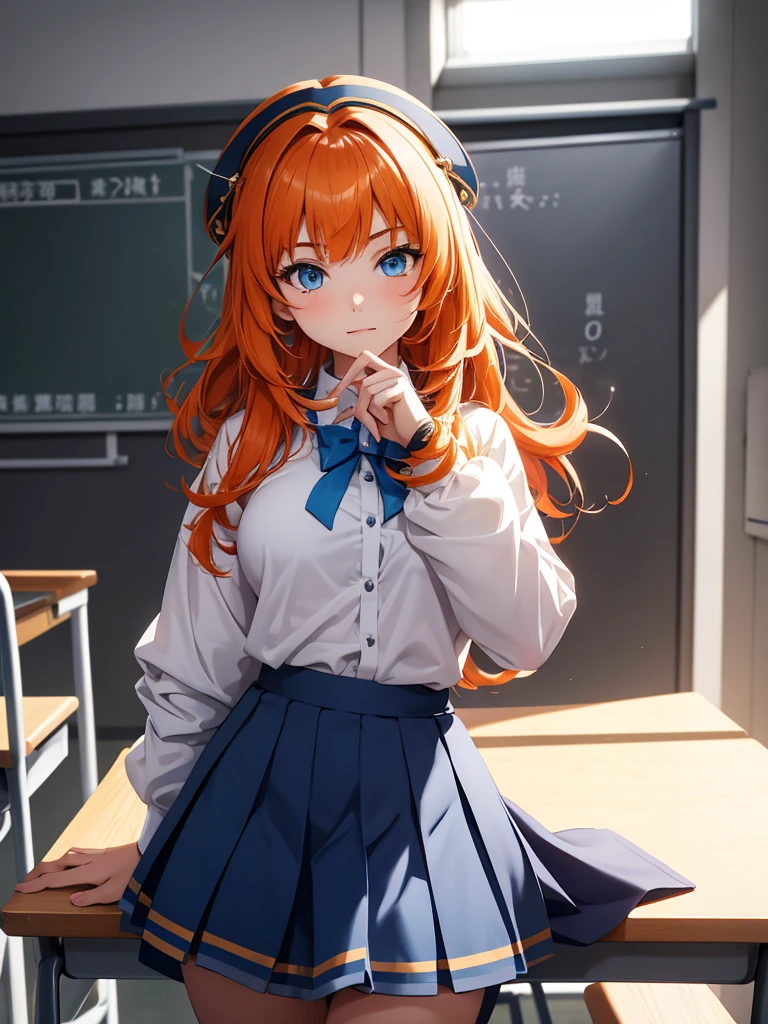 Nilou from Genshin impact game, 1girl, as a high girl, wearing a white shirt and blue skirt , at a classroom, orange colour hair, 8k, high detailed, high quality, full body