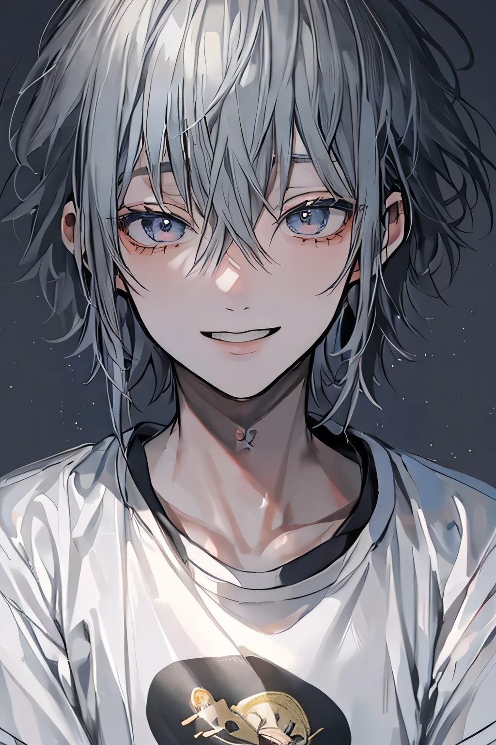 (masterpiece), (Highest quality), Very detailed, (, Perfect Face, Beautiful Face, Very detailedな顔,(Grey-haired man:1.3)、T-Shirts、smile
