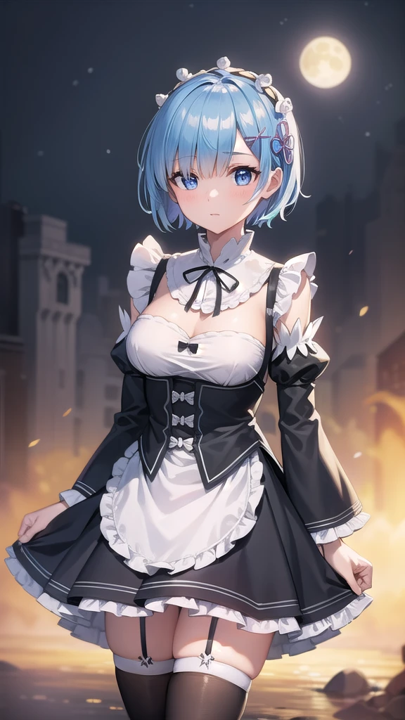 BREAK looking at viewer,BREAK (masterpiece:1.2), best quality, high resolution, unity 8k wallpaper, (illustration:0.8), (beautiful detailed eyes:1.6), extremely detailed face, perfect lighting, extremely detailed CG, (perfect hands, perfect anatomy),castle,tower,night,wet road,moon,starfall,mist,rem, blue eyes, blue hair, hair ornament, hair over one eye, hair ribbon, short hair, x hair ornament
apron, black ribbon, black skirt, black sleeves, detached collar, detached sleeves, flower, frilled apron, frilled skirt, frills, head wreath, long sleeves, maid, miniskirt, neck ribbon, purple ribbon, ribbon, ribbon trim, ribbon-trimmed sleeves, roswaal mansion maid uniform, short hair, skirt, thighhighs, waist apron, white apron, white thighhighs,