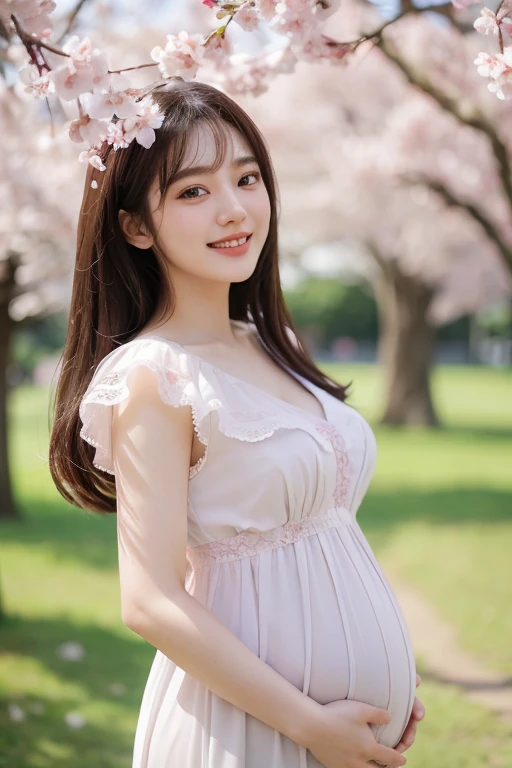 (Highest quality、masterpiece、8k、Best image quality、Award-winning works)、1 female、Walk in the park、(pregnancy:1.1)、(alone:1.1)、(1 photo:1.1)、Elegant maternity wear、See-through maternity wear、Lace ornament、Perfect Makeup、thin、The biggest smile is looking at me、(height: 140cm:1.4)、(Very short:1.4)、Standing full body photo、Perfect Anatomy、Blurred cherry blossoms in full bloom,、big grass park、Refreshing atmosphere、very bright and vivid、Beautiful eyes in ultra-high resolution、Ultra high resolution perfect beautiful teeth、Ultra-high definition beauty face、Ultra HD beautiful hair、Perfect teeth alignment