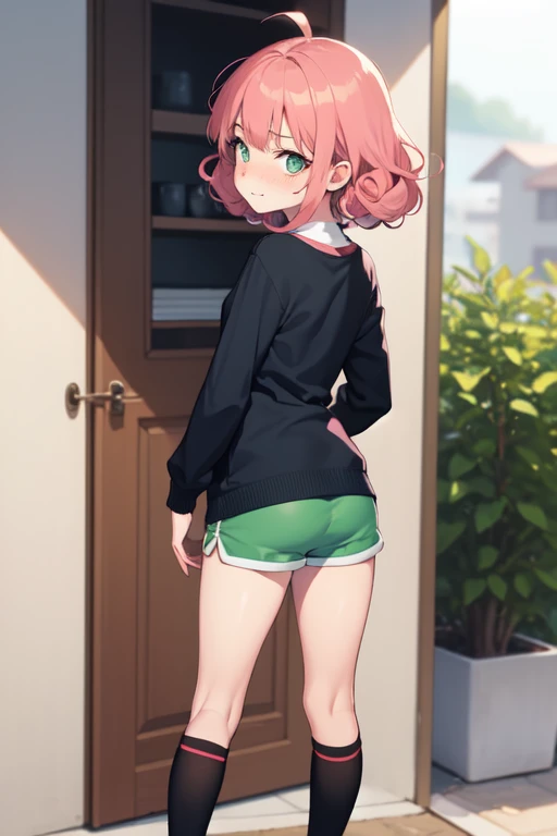 ((best qualityer)), ((work of art)), (detailded), 1 girl standing, looking at the viewer embarrassed and blushing, just with small legging shorts, litlle sis,???, curly pink hair, crystal green eyes, back view, in this, glued shorts
