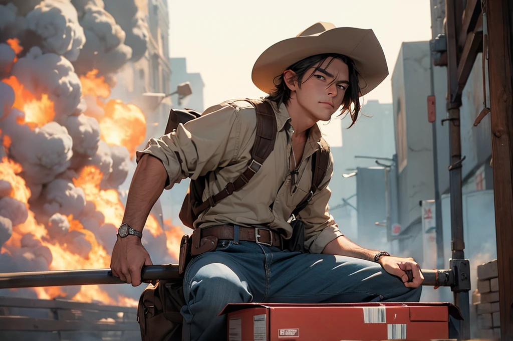 cowboy siting on box of dynamite