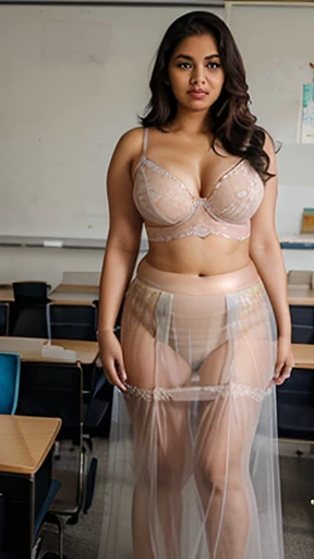 a beautiful plus sized South Indian teacher (wearing transparent long skirt and transparent bra) in class room, full body image