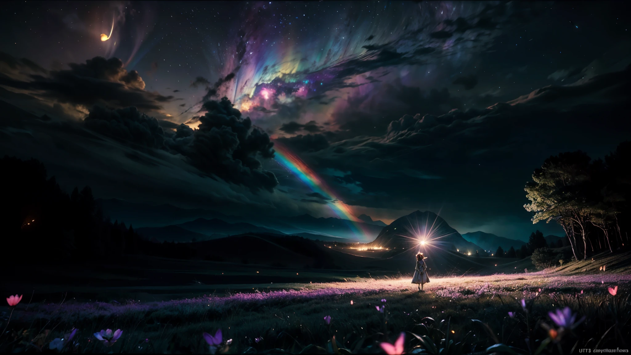 Vast landscape photo, (viewed from below, the sky is above and the open field is below), a girl standing on a flower field looking up, (full moon: 1.2), (meteor: 0.9), (nebula: 1.3), distant mountains , Trees BREAK Crafting Art, (Warm Light: 1.2), (Fireflies: 1.2), Lights, Lots of Purple and Orange, Intricate Details, Volumetric Lighting, Realism BREAK (Masterpiece: 1.2), (Best Quality), 4k, Ultra-Detailed, (Dynamic Composition: 1.4), Very Detailed, Colorful Details, (Rainbow Colors: 1.2), (Glow Lighting, Atmospheric Lighting), Dreamy, Magical, (Solo: 1.2), magnificent moon