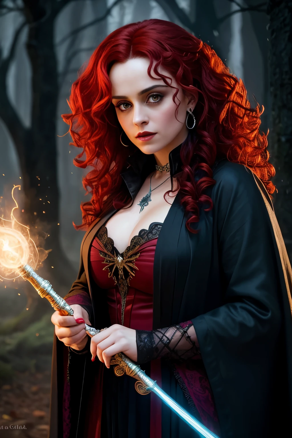 Bellatrix Lestrange, renowned from the Harry Potter series, is depicted with her signature bright red hair, exuding an aura of power as she casts a spell with her magical wand. The cinematic lighting illuminates her fiery hair and intense gaze, contrasting against the foggy background that adds a mystical atmosphere to the scene. The detail in her costume, from the intricate weaving of the fabric to the delicate silver accents on her wand, is rendered with photorealistic precision, making this digital art a captivating masterpiece.