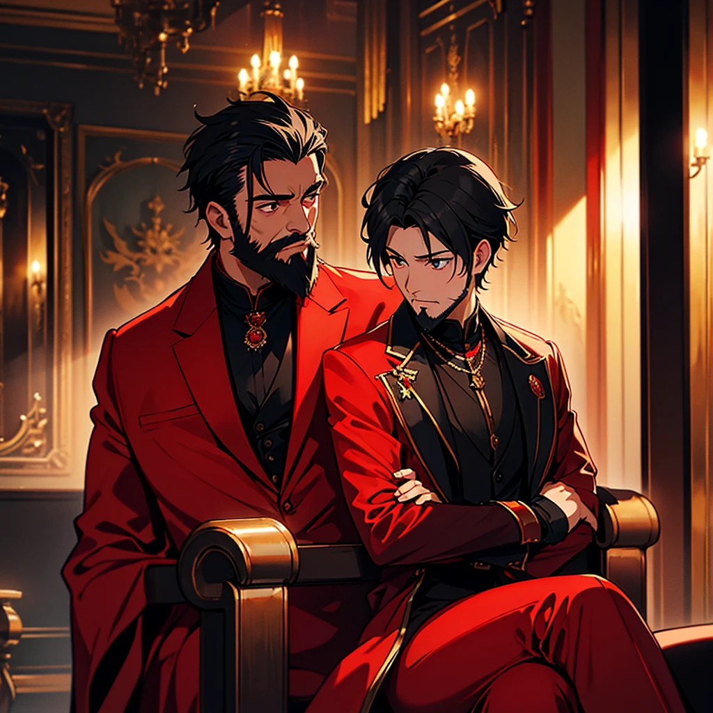 naughty man, middle-age, black hair, short, back hairstyle, lock of hair on the left, Eyes red, malignant feature, elegant beard, wearing red suit and black leather gloves, Hands intertwined, sitting on throne with legs crossed, darkened hall background