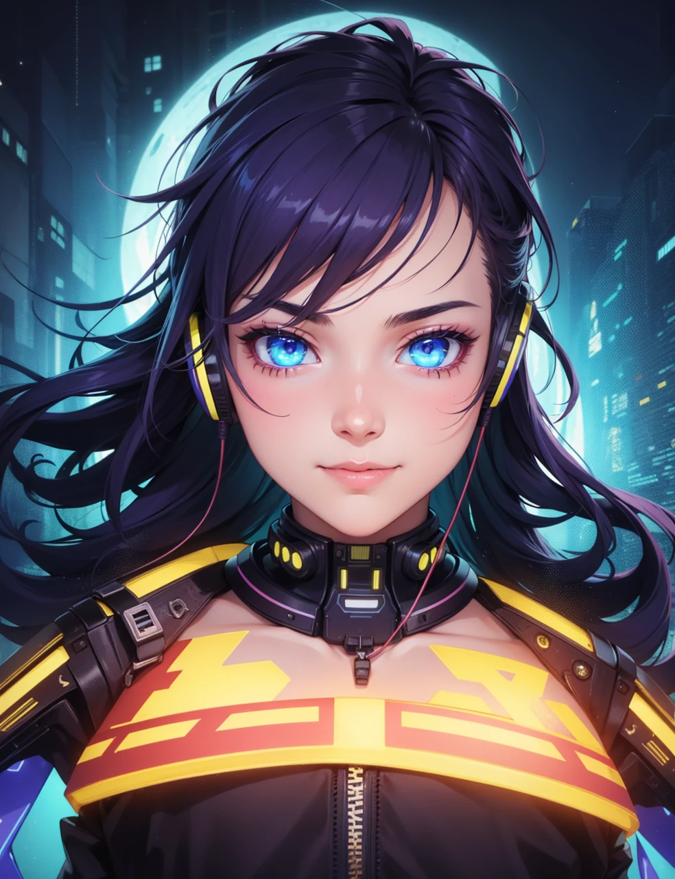 1boy, (extremely beautiful), solo, male focus, cyberpunk, neon lights, vibrant colors, headphones, Cyberpunk, neon, masterpiece, best quality, ultra-detailed, cyberpunk background, detail, in the starry night, moon, explosive and clear eyes, glowing eyes, beautiful details in the wind, little smile.