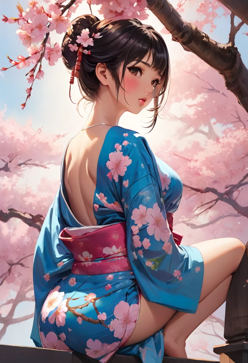 full body sexy asian girl, 1girl, japanese geisha, updo, looking at viewer, small pink nipples, large breasts, 20 years old, face close up, half body portrait, big brown eyes, nihongami, modest, seducing viewer, hearts, posing, sexy pose, solo, blue floral kimono, off shoulder, bonsai, sakura, worried, blushing, cowgirl position, cherry blossom, submission, sunset, cinematic lighting, semi realistic, side view, (young:1.2), wild sex, semi realistic, imminent orgasm, blushing, open mouth, squatting, bouncing hard (art inspired by Bill Sienkiewicz). oil painting)
