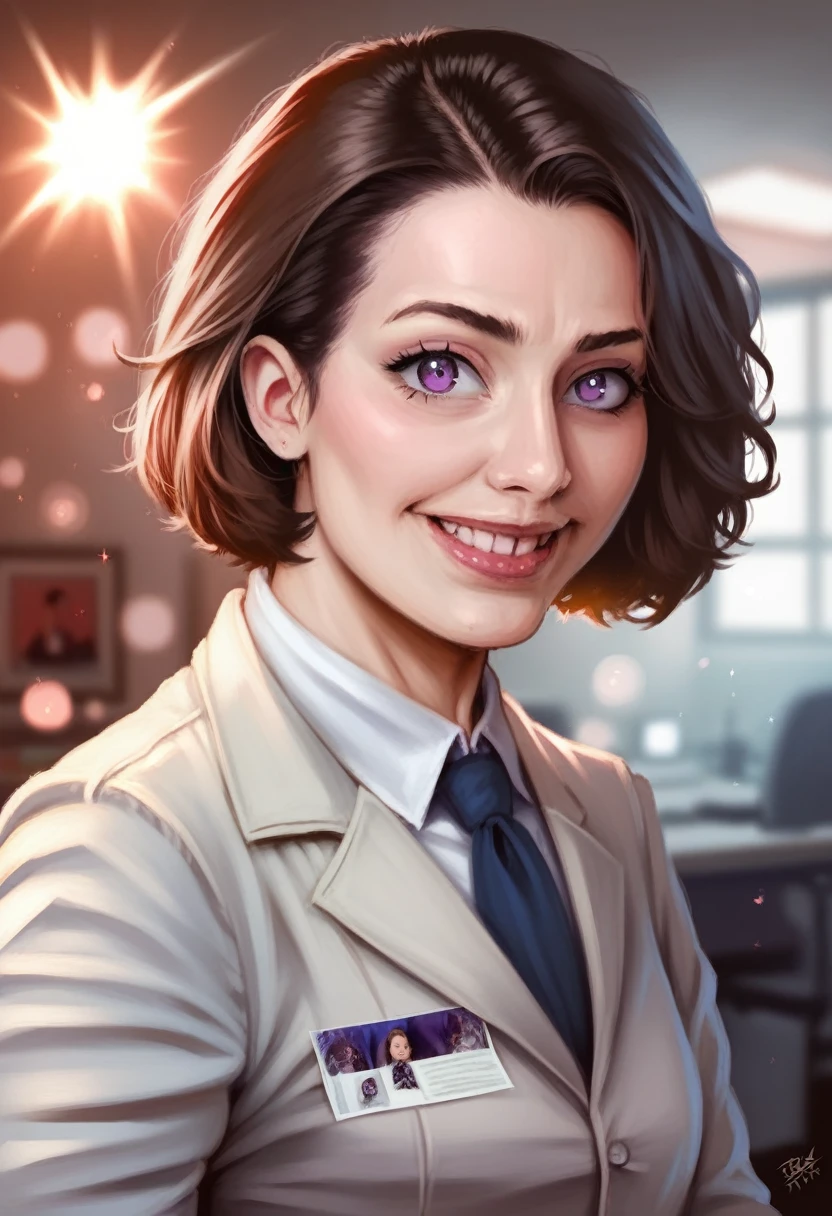Score_9_up, score_8_up, score_7_up, close up, 1girl, solo, lady doc ock, labcoat, brown hair, yellow eyes, smiling, in laboratory, sitting on chair, crossed legs,