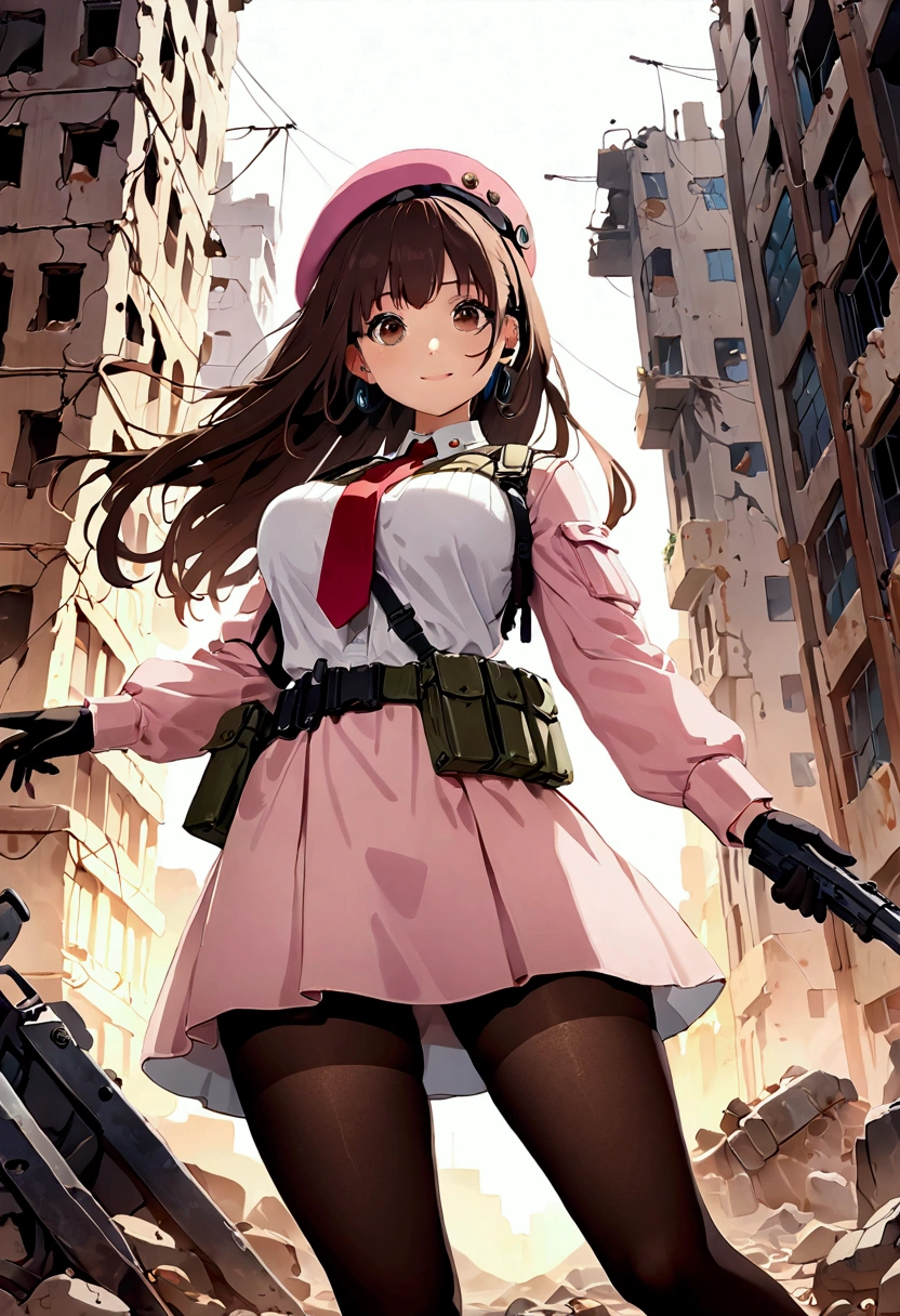 ((1girl)),  super fine illustration, vibrant colors, absurdres extremely detailed CG, 8k wallpaper, (masterpiece:1.3), dynamic angle, dynamic pose, 
best quality, depth of field, cinematic lighting, ultra detailed, (brown long hair), very straight hair, large breast, white knit dress , 20yo, cute, very baby face, brown eyes, kawaii, tender smile, droopy eyes, combat, beret, pink hat, Millitaly headset, red necktie, padded combat glove, pink military jacket, white thighhighs pantyhose, military belt, military pouch, modern military heavy rifle, ruin city, Post-apocalypse