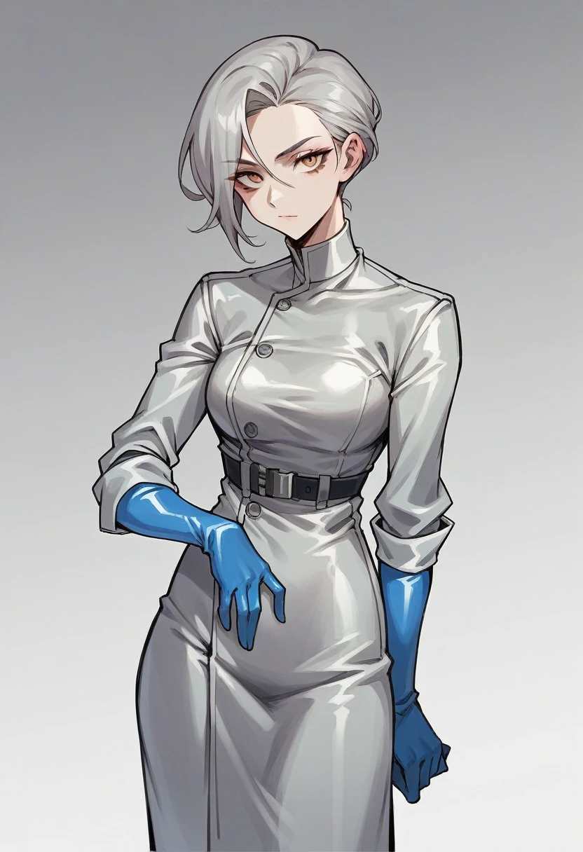 1girl, bangs, ((light blue elbow gloves)), ((surgical gloves)), ((latex gloves)), ((((long sleeves)))), ((gray surgeon outfit)), looking at viewer, ((gray doctor outfit)), standing, solo