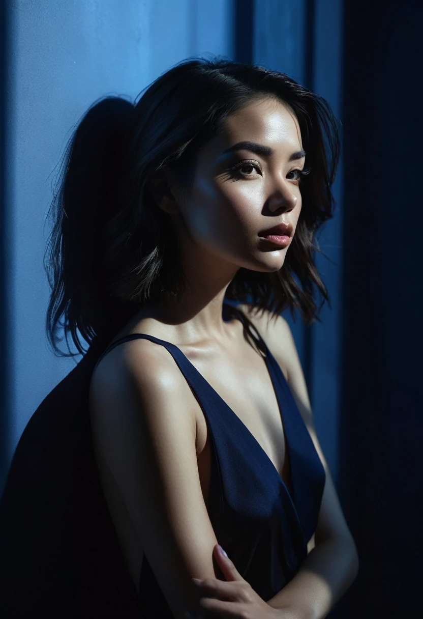 woman bathed in deep blue light, leaning against a wall, looking into the camera in a moment of raw emotion. Her attire is minimal, accentuating her beauty with the dramatic shadows cast by the lighting. The background is stark, with sharp contrasts highlighting the contours of her form. The blue and black palette intensifies the mood, evoking a sense of mystery and allure. Subtle film grain and meticulous shading add depth and texture, emphasizing the emotional gravity of the scene. The lighting creates a chiaroscuro effect, accentuating her expressive pose and the intense atmosphere.