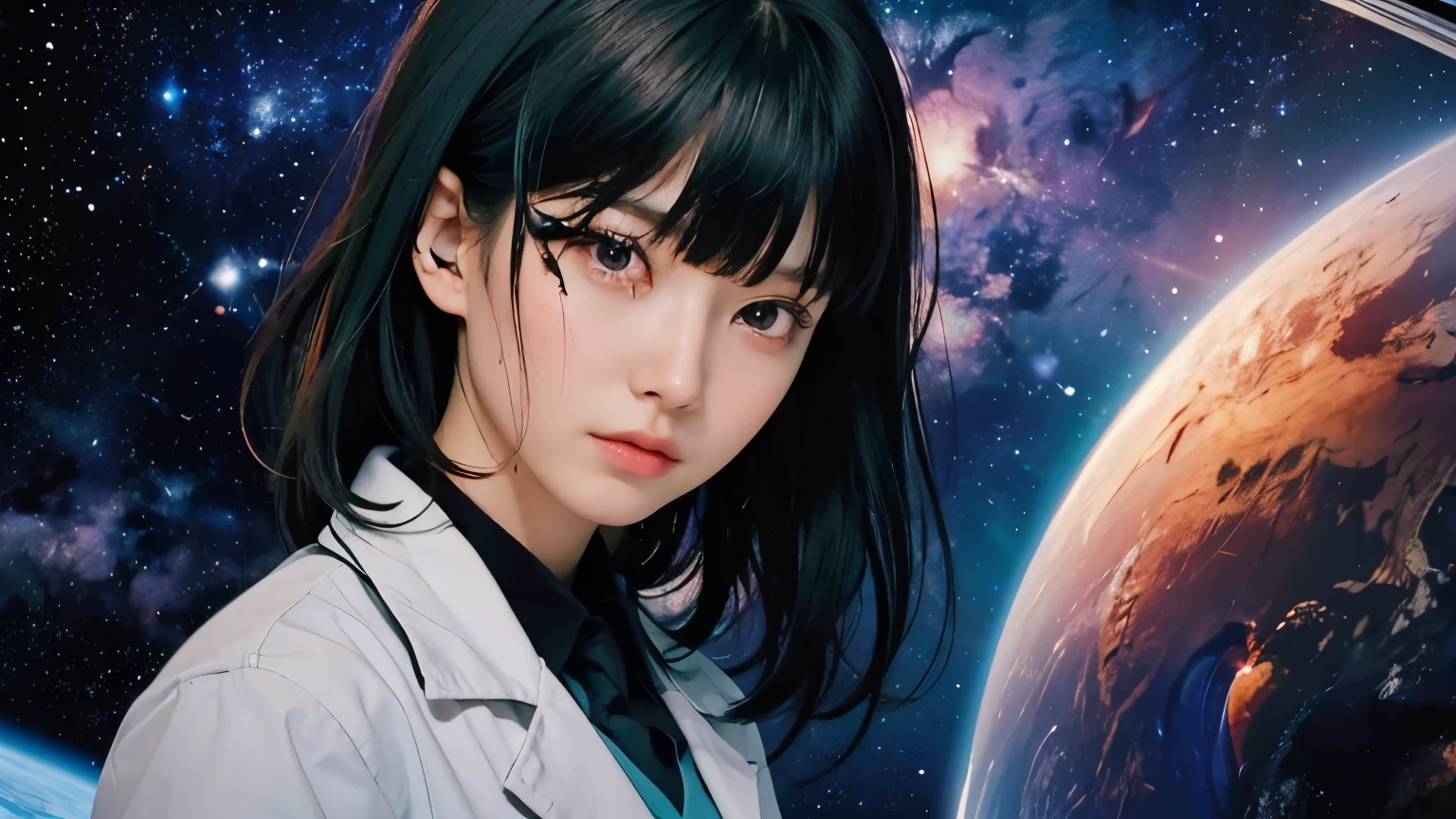 Upper body close-up image. A beautiful woman. Twenty years old. Black hair. Her bangs are down. She is wearing a researcher's lab coat. She is looking at the camera with serious eyes. Image of outer space and earth in space behind woman.