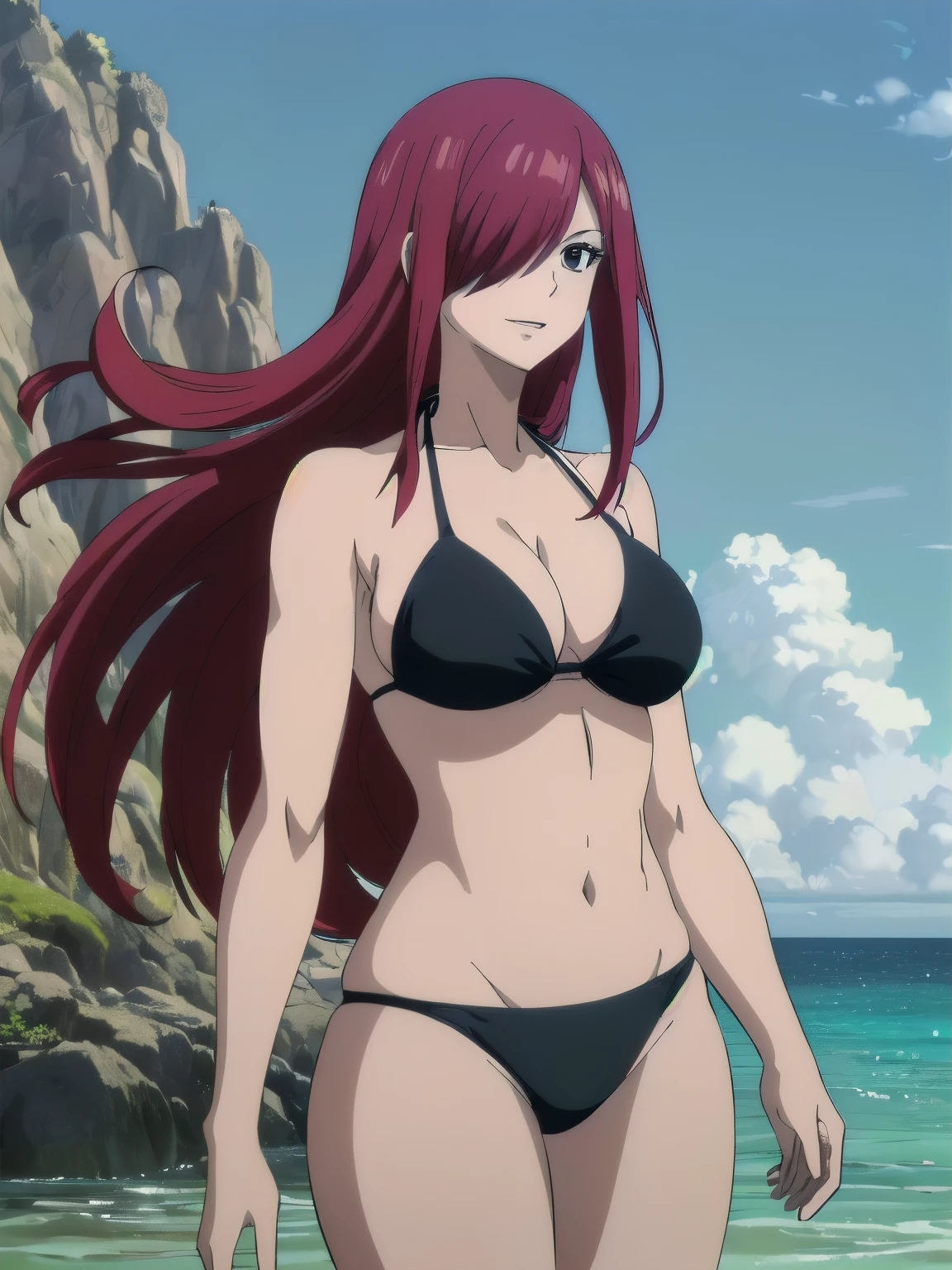(black bikini only:1.6), groin, (vibrance:1.3), (beach during day time:1.4), (upper body:1.4), windy, tall, (focus on shoulder:1.4), ultra detailed face, perfect anatomy, (cowboy shot:1.6), from front, standing, ultra detailed body and face, ((one eye covered with hair, hair over eye)), (thick arms:1.6), perfect body proportions, (legs submerged in water:1.2), highest quality, 1girl, solo, smile, ERZASCARLET, BARE SHOULDERS, (big round breasts:1.2) cleavage, off-shoulder, tall girl, (long hair:1.7), (free flowing hair:1.4), (floating hair:1.3), ultra detailed red hair, open mouth, big eyes, (long belly:1.0), wide shoulders, beach, For the image quality, please prioritize (best quality, highres, masterpiece:1.8), itional prefixes