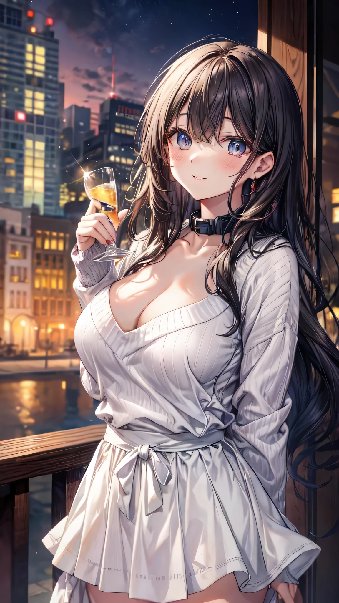 (Ultra-high resolution of the highest quality, masutepiece, Best Quality, 8K, Super Detail, Best Quality:1.3), (Anatomically correct:1.3), (1 Girl), (large breasts), (high school student), (blush face:1.2), (collar), (long black wavy hair), hair over eyes, (drooping eyes), (white sweater, long skirt:1.5), (sexual aroused, drunkard:1.5), (beautiful hair, beautiful eyes, beautiful face), (smile), (drunkard face focus, ear focus, clavicle focus, breasts cleavage focus), standing, (from side:1.2), outdoor, night city