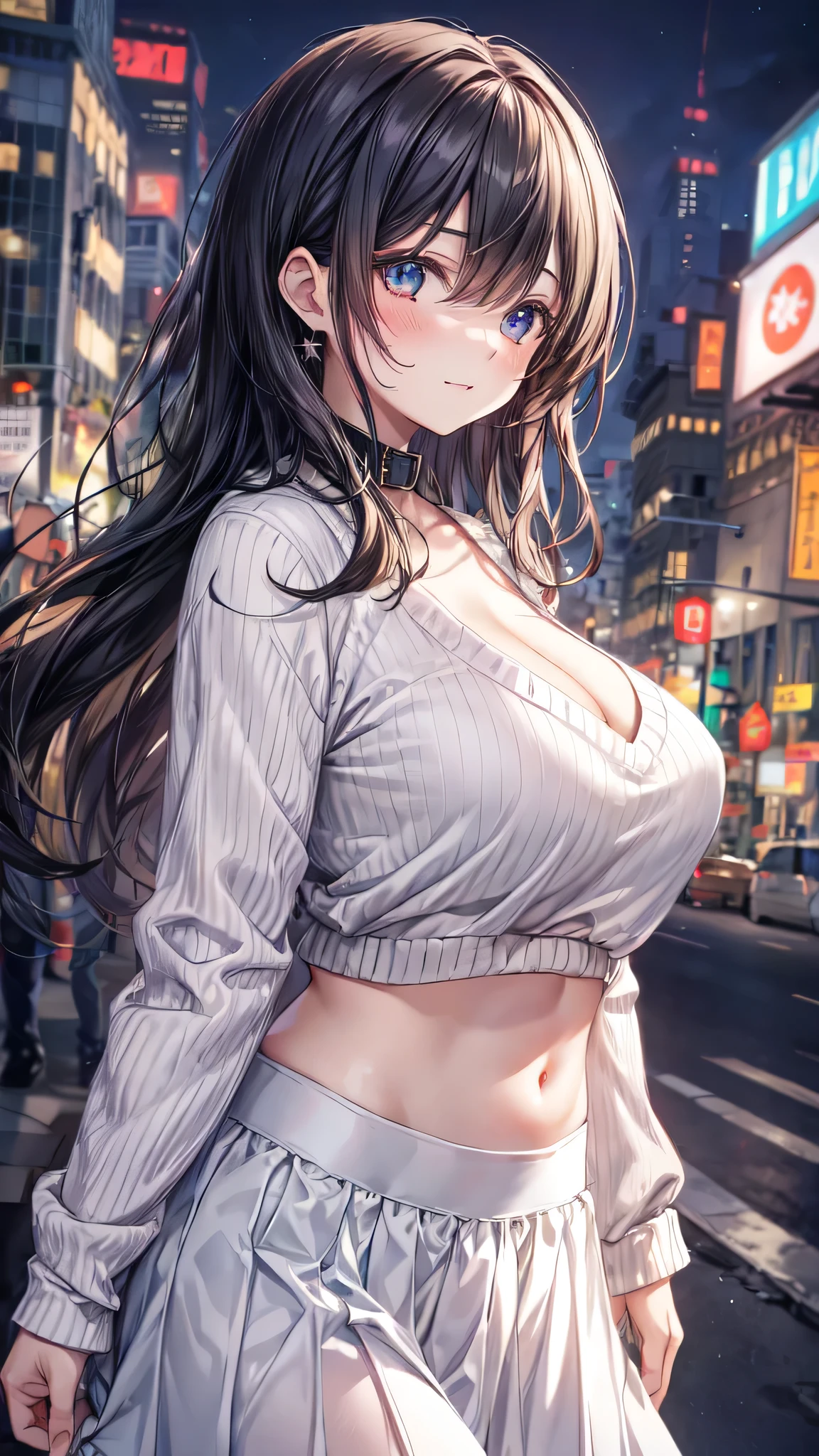 (Ultra-high resolution of the highest quality, masutepiece, Best Quality, 8K, Super Detail, Best Quality:1.3), (Anatomically correct:1.3), (1 Girl), (large breasts), (high school ), (blush face:1.2), (collar), (long black wavy hair), hair over eyes, (drooping eyes), (white sweater, long skirt:1.5), (sexual aroused, drunkard:1.5), (beautiful hair, beautiful eyes, beautiful face), (smile), (drunkard face focus, ear focus, clavicle focus, breasts cleavage focus), standing, (from side:1.2), outdoor, night city