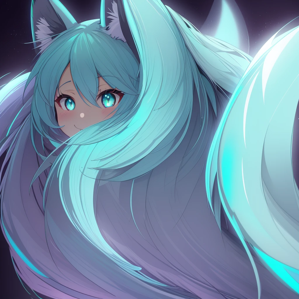 ultra detailed, sharp focus, Best Quality, masterpiece, showy, 1 chica hatsune miku furry antro vixen antro, shadow, Bright aqua eyes, smile add_detail, :3, close up, volumetric lighting, high contrast, dimly lit, japanese matsuri background, Her long hair mysteriously covers part of her face. 