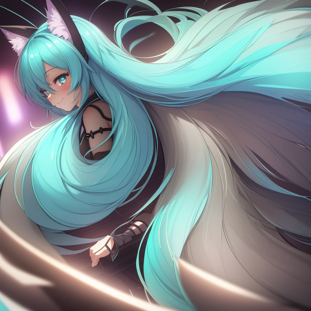 ultra detailed, sharp focus, Best Quality, masterpiece, showy, 1 chica hatsune miku furry antro vixen antro, shadow, Bright aqua eyes, smile add_detail, :3, close up, volumetric lighting, high contrast, dimly lit, japanese matsuri background, Her long hair mysteriously covers part of her face. 