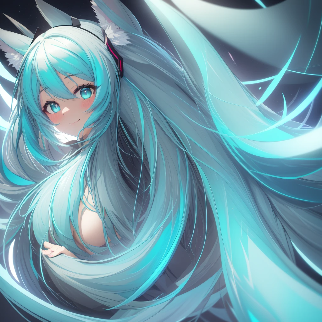 ultra detailed, sharp focus, Best Quality, masterpiece, showy, 1 chica hatsune miku furry antro vixen antro, shadow, Bright aqua eyes, smile add_detail, :3, close up, volumetric lighting, high contrast, dimly lit, japanese matsuri background, Her long hair mysteriously covers part of her face. 