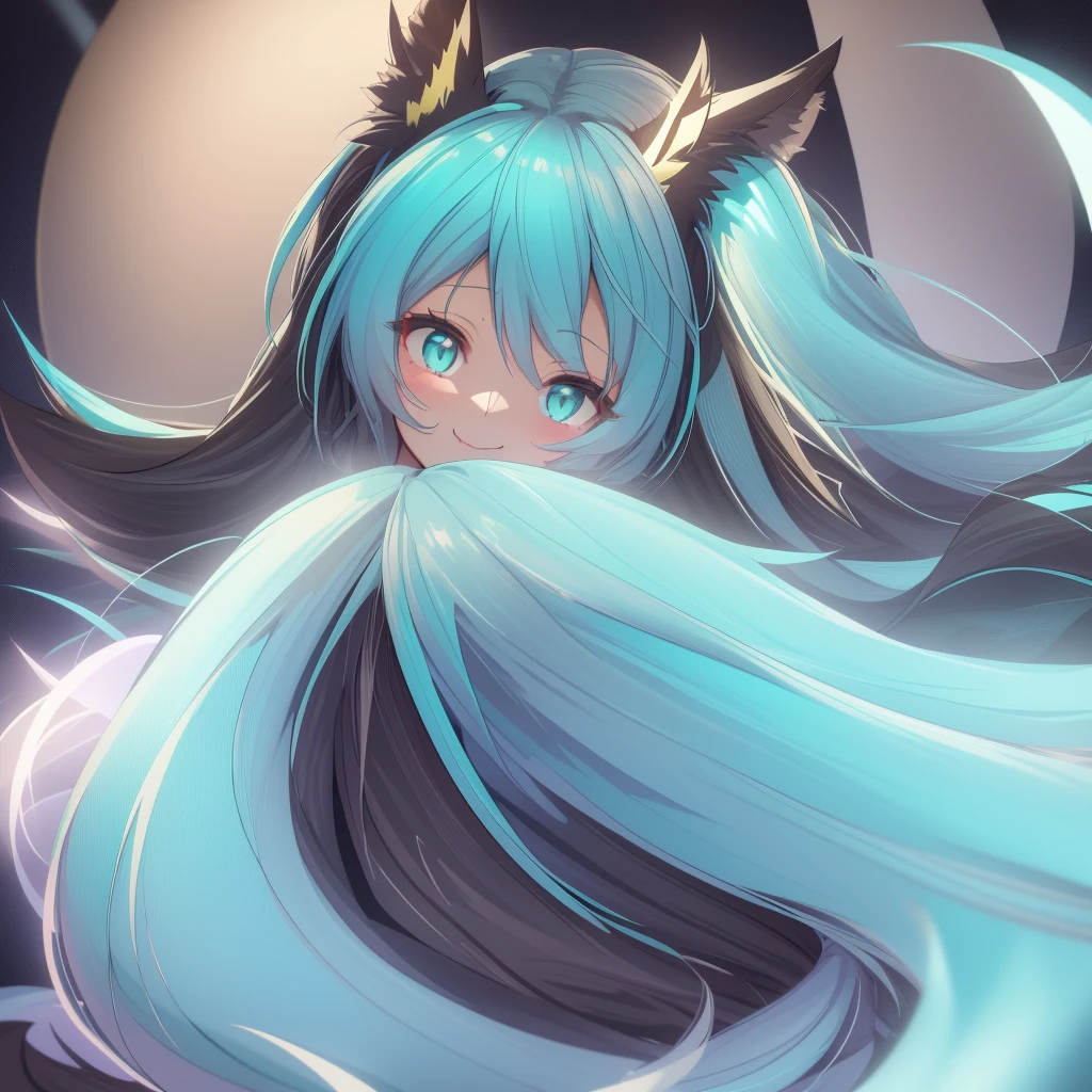 ultra detailed, sharp focus, Best Quality, masterpiece, showy, 1 chica hatsune miku furry antro vixen antro, shadow, Bright aqua eyes, smile add_detail, :3, close up, volumetric lighting, high contrast, dimly lit, japanese matsuri background, Her long hair mysteriously covers part of her face. 