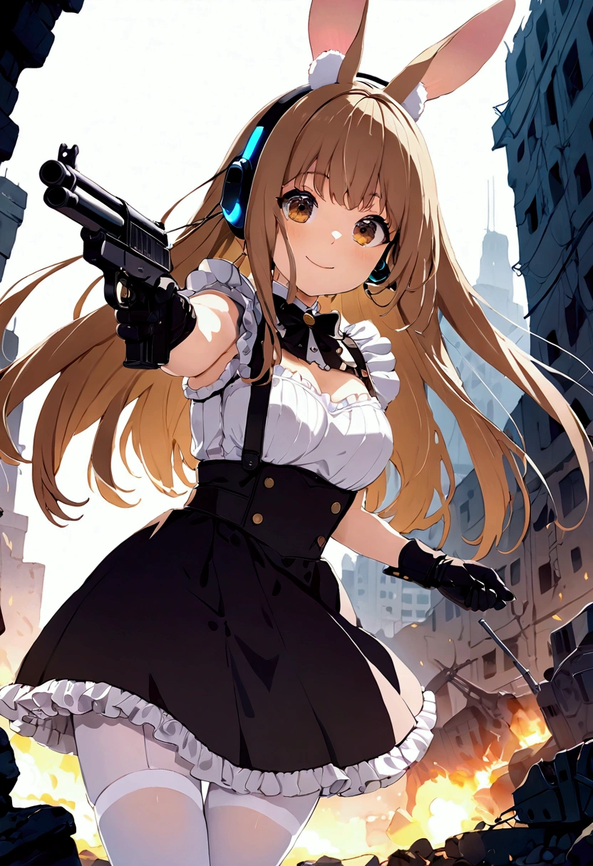 ((1girl)), super fine illustration, vibrant colors, absurdres extremely detailed CG, 8k wallpaper, (masterpiece:1.3), dynamic angle, dynamic pose,
best quality, depth of field, cinematic lighting, ultra detailed, ((brown long hair)), very straight hair, large breast, white knit dress , 20yo, cute, very baby face, brown eyes, kawaii, tender smile, droopy eyes, combat, sci-fi rabbit ear mechanical headset, padded combat glove, pink maid uniform, white thighhighs pantyhose, aiming rifle, modern military heavy machine gun:1.4, ruin city, Post-apocalypse