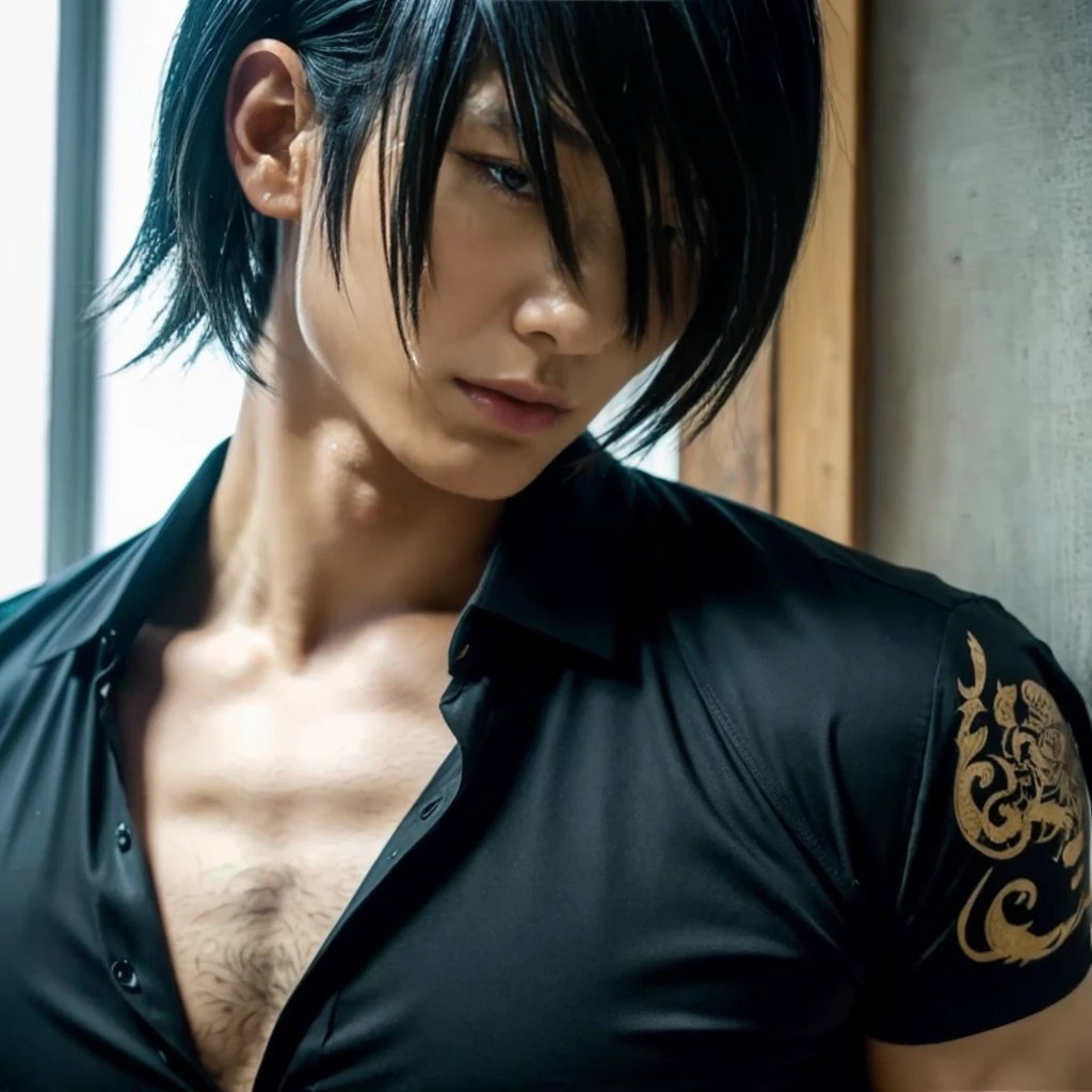1 man, Japanese man, male, Asian eyes, muscular, broad shoulders, dragon,hairstyle Visual Kei style, hair Visual Kei, black men's shirt and black pants, ultra detailed face, hyperrealistic, realistic representation, 30 years old, ,age 30 years, Blonde hair and black hair