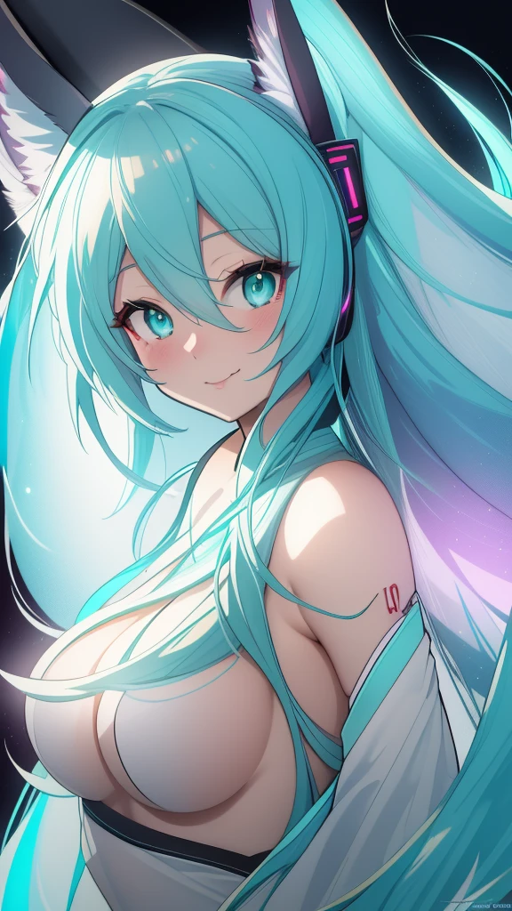 ultra detailed, sharp focus, Best Quality, masterpiece, showy, 1 chica hatsune miku furry antro vixen antro, shadow, Bright aqua eyes, smile add_detail, :3, close up, volumetric lighting, high contrast, dimly lit, japanese matsuri background