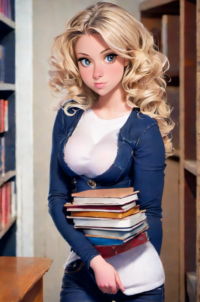 (masterpiece, best quality, highres, high resolution:1.2), extremely detailed, realistic, intricate details, Melina, pretty, blonde brunette with wavy hair and natural breasts, , in library, holding stack of books, jeans, sweater, sfangle,