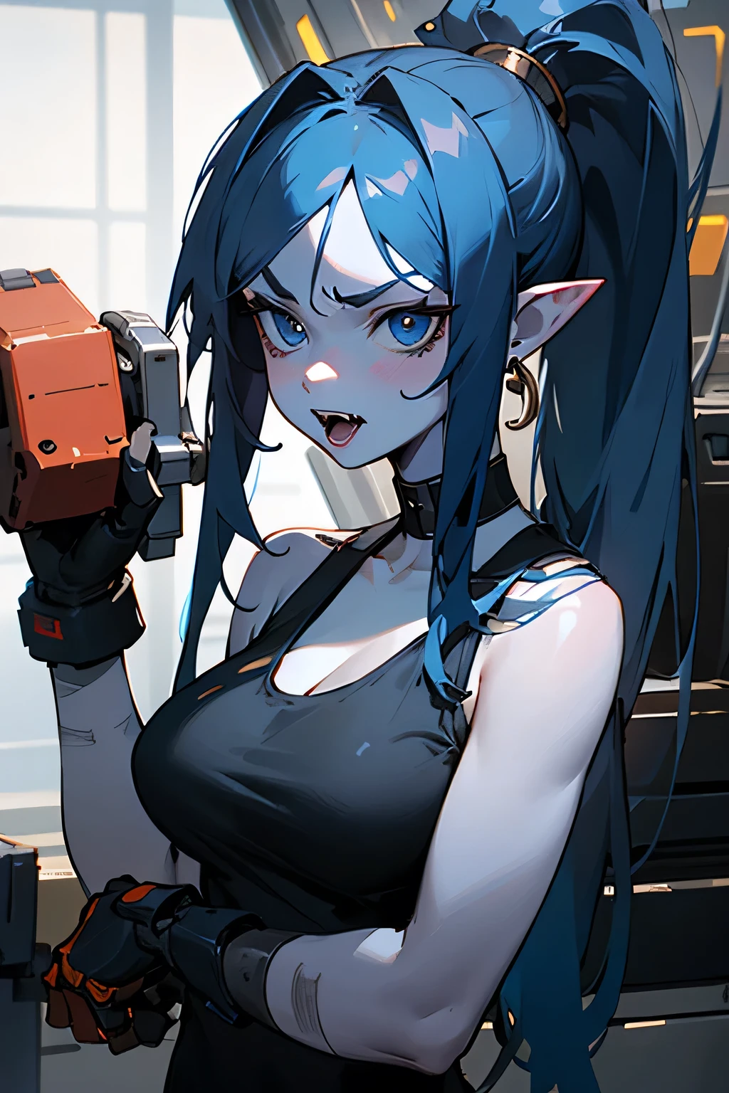 ((Best Quality)), ((masterpiece)), (detailed)((Perfect face)), Girl, long navy blue hair, blue eyes,completely blue skin, pointy ears, serious face, vampire fangs, fitted black tank top with ACDC print, work gloves, holding work tools, metallic futuristic machine workshop, blue aesthetic, evening, neckline, big breasts, repairing a robot, long hair high ponytail hairstyle