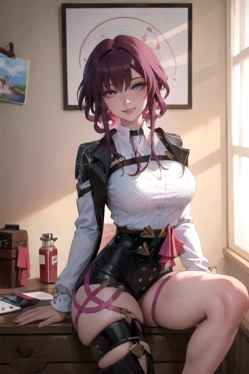 masterpiece, best quality, ultra detailed, open legs, watercolor and oil painting fusion, hot black artwork, white line art, beautiful woman, 1 woman, kafka, beauty, perfect anatomy, perfect eyes, perfect fingers, perfect hands, anime girl, uniform, thight, breast, purple hair, seductive smile, room background, soft, seductive, hot, spicy, horny, flirty smile,