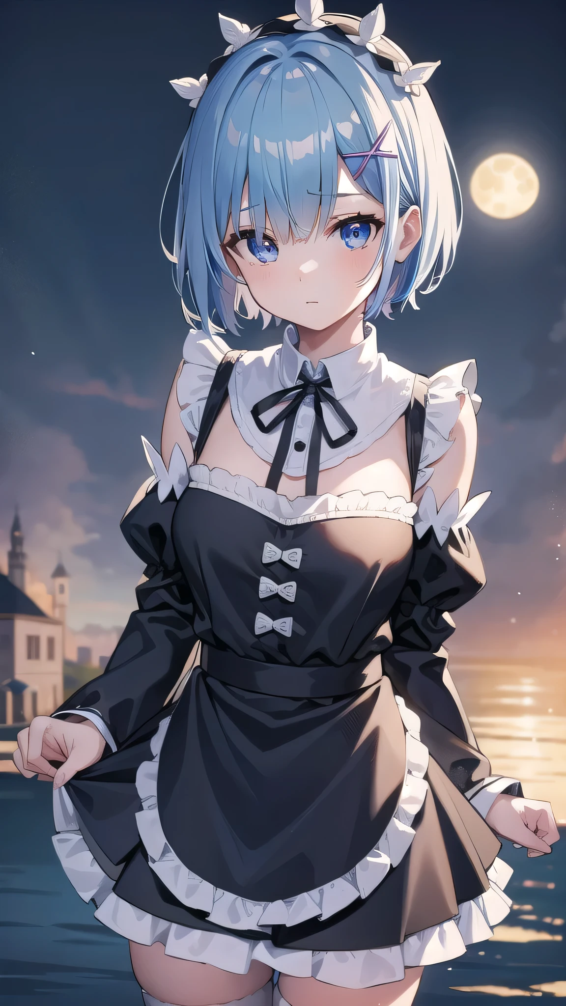 BREAK looking at viewer,BREAK (masterpiece:1.2), best quality, high resolution, unity 8k wallpaper, (illustration:0.8), (beautiful detailed eyes:1.6), extremely detailed face, perfect lighting, extremely detailed CG, (perfect hands, perfect anatomy),castle,tower,night,wet road,moon,starfall,mist,rem, blue eyes, blue hair, hair ornament, hair over one eye, hair ribbon, short hair, x hair ornament
apron, black ribbon, black skirt, black sleeves, detached collar, detached sleeves, flower, frilled apron, frilled skirt, frills, head wreath, long sleeves, maid, miniskirt, neck ribbon, purple ribbon, ribbon, ribbon trim, ribbon-trimmed sleeves, roswaal mansion maid uniform, short hair, skirt, thighhighs, waist apron, white apron, white thighhighs,upper body, from above.