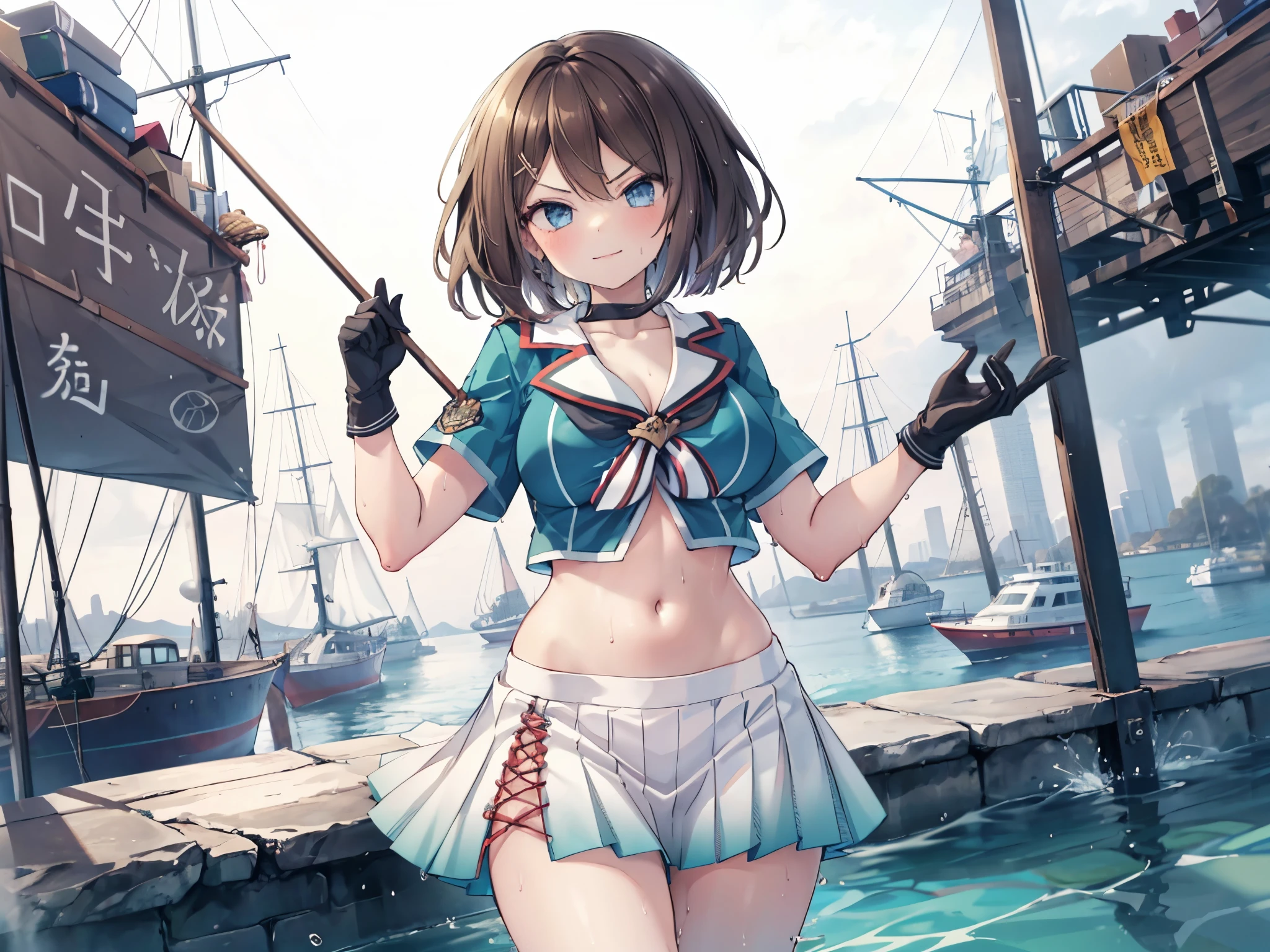 ung_teeirl, , brown_hair, medium_bob_hair, blue_midriff_baring_sailor_uniform, mini_skirt, short_sleeve, thighs, gigantic_breasts, smile,nihil,standing, harbor_background, slightly_spread_Legs, happiness, short_gloves, wet,,covered_nipples, coverch,Maya_flag,smile