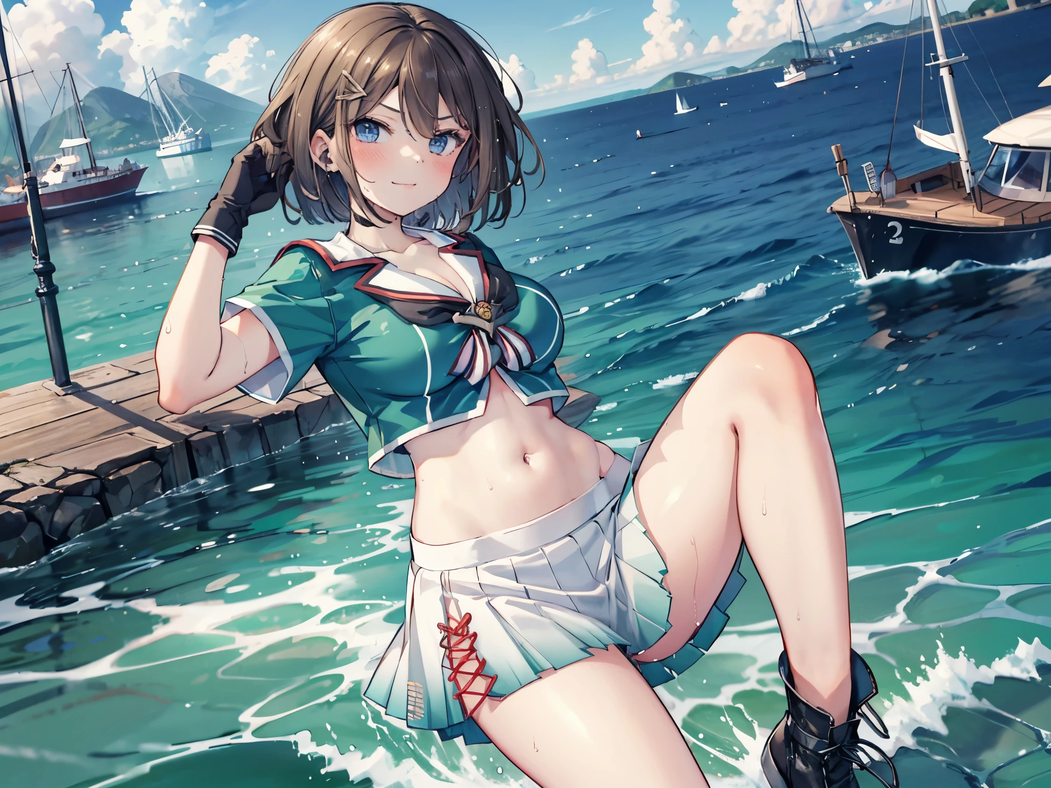 1young__ girl, , brown_hair, medium_bob_hair, blue_midriff_baring_sailor_uniform, mini_skirt, short_sleeve, thighs, gigantic_breasts, angry, smile,nihil,standing, harbor_background, slightly_spread_Legs, happiness, short_gloves, wet,,covered_nipples, covered_crotch,Maya_flag,smile