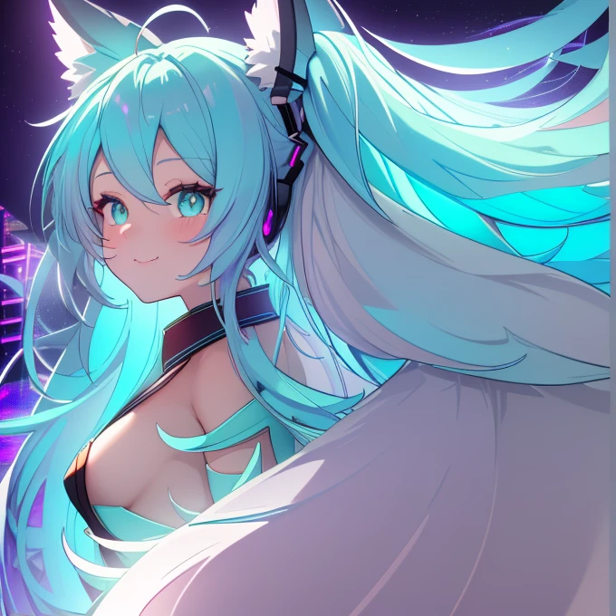 ultra detailed, sharp focus, Best Quality, masterpiece, showy, 1 chica hatsune miku furry antro vixen antro, shadow, Bright aqua eyes, smile add_detail, :3, close up, volumetric lighting, high contrast, dimly lit, japanese matsuri background, his hair mysteriously covers part of his face