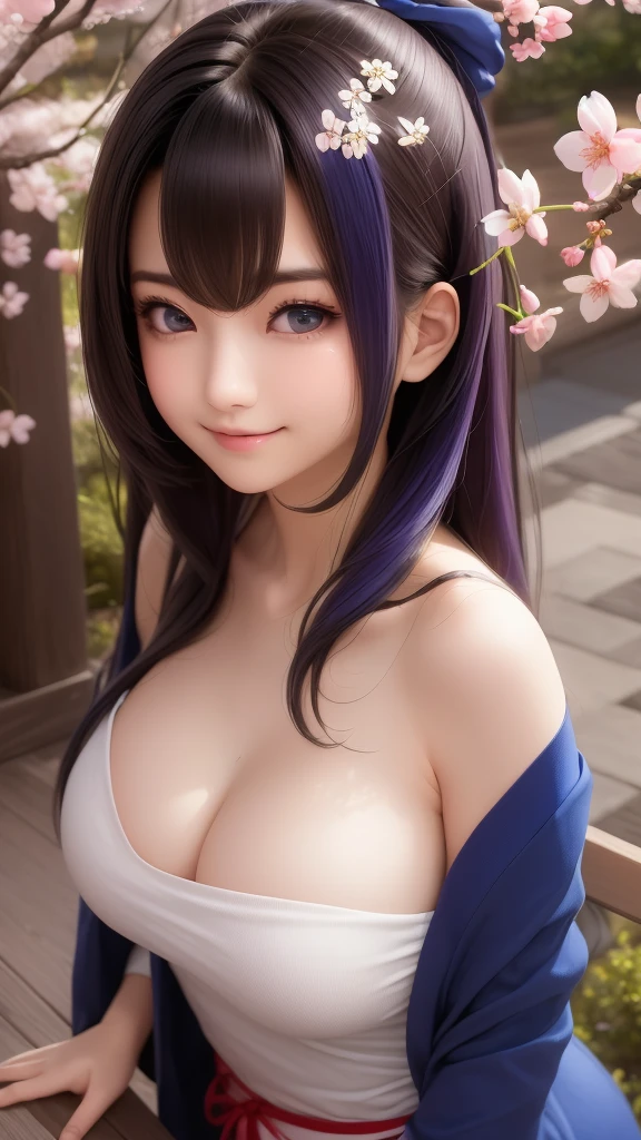 (masterpiece, Need,1girll, Solo, Intricate detail, Up view, color difference), real photo,(front), (shoulder cut), slit, Close-up, smile, Enhance sexy look,Yae Miko, Purple blue hair, purple blue highlights, purple eyes, sharp look, perfectly symmetrical figure, neon shirt, revealing jacket, sweater, leaning against the wall, Brick walls, scribbles, dim lights, alleys, looking at the viewer.((evil streaks, cleavage is seductive, big breasts are enchanting)) ,(((cherry blossom background) )), ((((Japanese cherry blossom garden background)))), (((Shine in the dark background)))