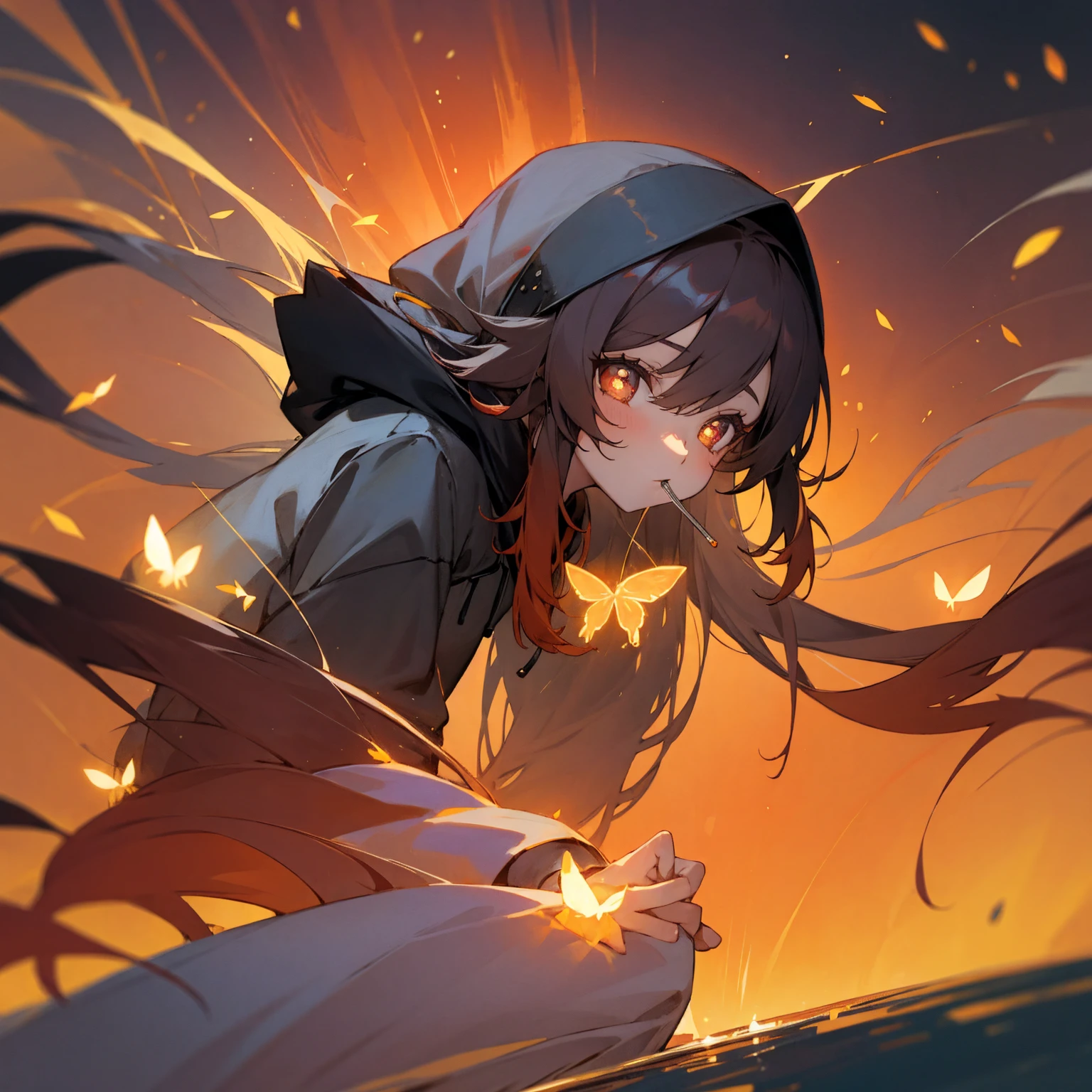 girl, cold, lollipop in mouth, beautiful, sharp eyes, wearing a hoodie, sunset scene, still water around, fireflies.