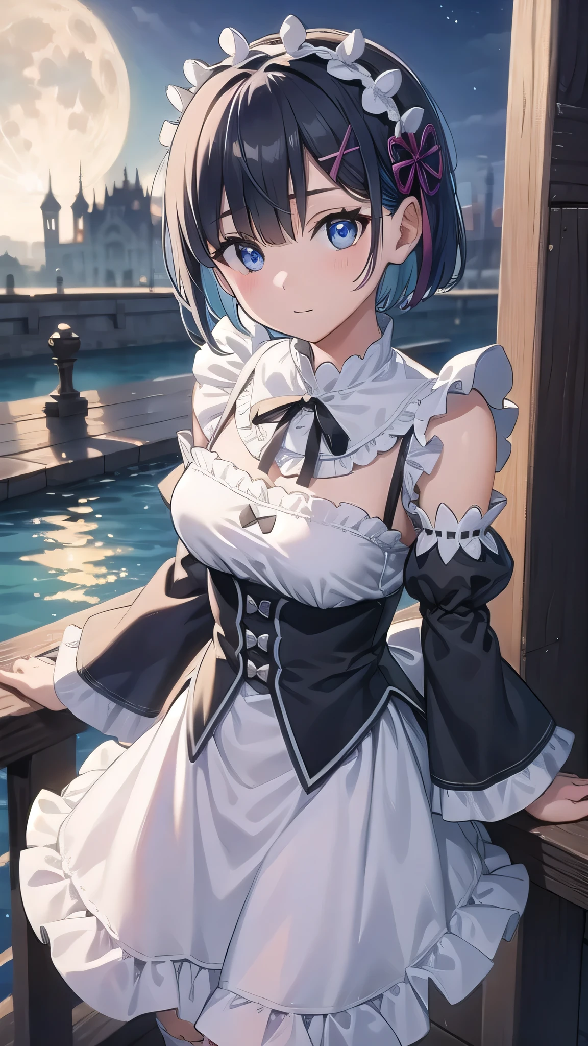 BREAK looking at viewer,BREAK (masterpiece:1.2), best quality, high resolution, unity 8k wallpaper, (illustration:0.8), (beautiful detailed eyes:1.6), extremely detailed face, perfect lighting, extremely detailed CG, (perfect hands, perfect anatomy),castle,tower,night,wet road,moon,starfall,mist,rem, blue eyes, blue hair, hair ornament, hair over one eye, hair ribbon, short hair, x hair ornament
apron, black ribbon, black skirt, black sleeves, detached collar, detached sleeves, flower, frilled apron, frilled skirt, frills, head wreath, long sleeves, maid, miniskirt, neck ribbon, purple ribbon, ribbon, ribbon trim, ribbon-trimmed sleeves, roswaal mansion maid uniform, short hair, skirt, thighhighs, waist apron, white apron, white thighhighs,upper body, from above.