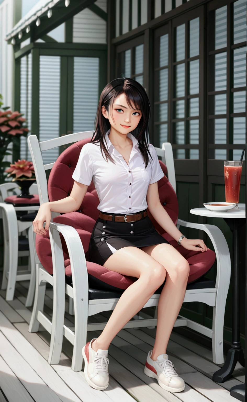 realistic anime illustration of pretty young college student woman sitting on chair 's armrest at teahouse, (wearing white shirt short sleeves, collared button up shirt, black pencil mini skirt, belt, sneakers), (1girl, solo, full body), (masterpiece, best quality)