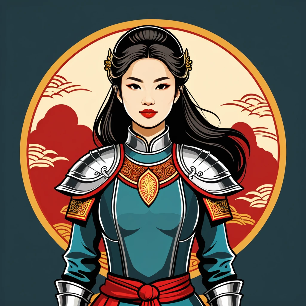 female knight in vietnamese folk outfit ,vector graphics, strong contours, logo design